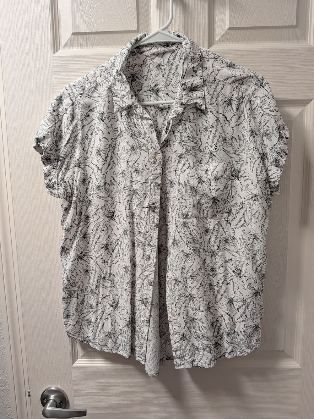 Women's White Short-Sleeve Button-Up Shirt with Black Floral Print